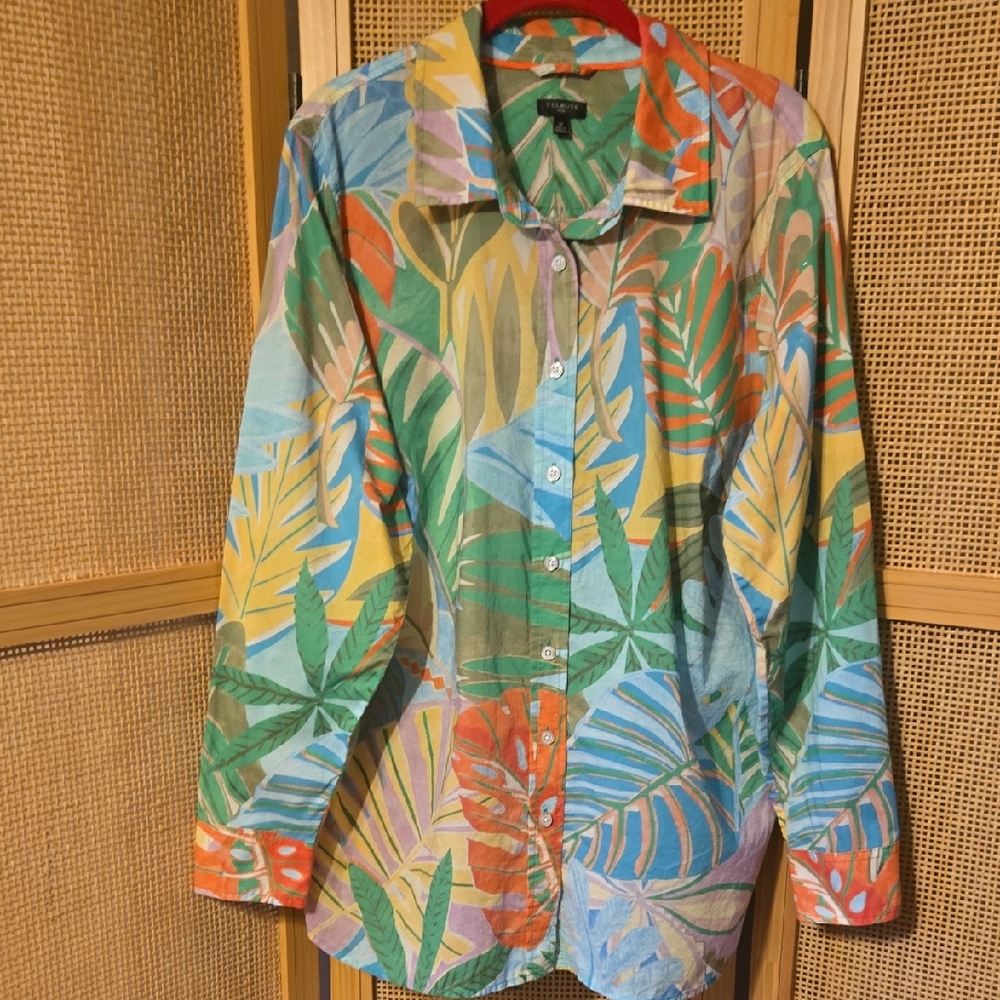 Talbots 1X Colorful Tropical Print Button-Down Shirt Cotton Womens Plus Vacation